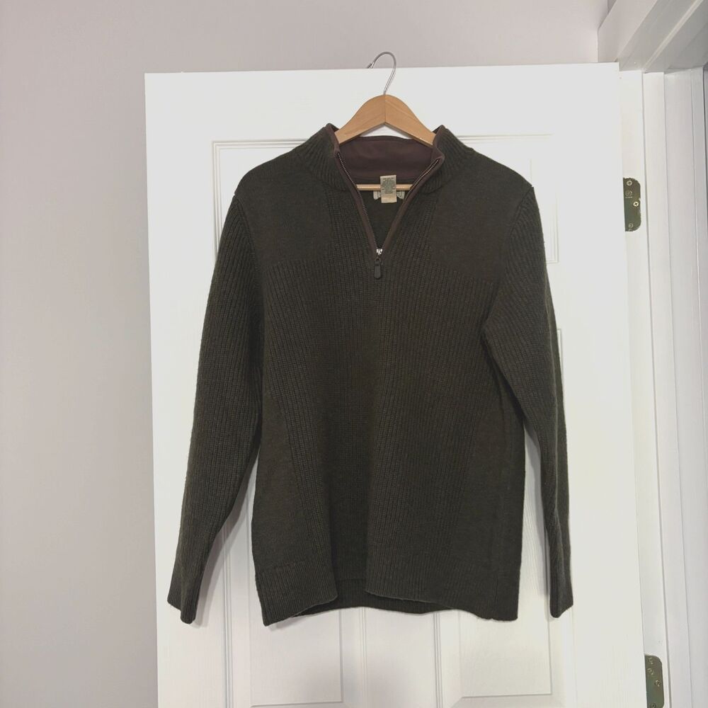 LL Bean Waterfowl Sweater Mens XL Olive Green Merino Lambs Wool 1/4 Zip Chunky
